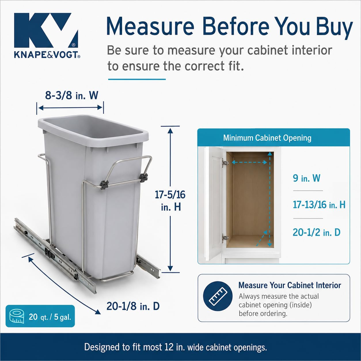 Soft-Close Pull-Out Trash Can for Cabinets, 20 Qt (5 Gallon) Bottom Mount Single