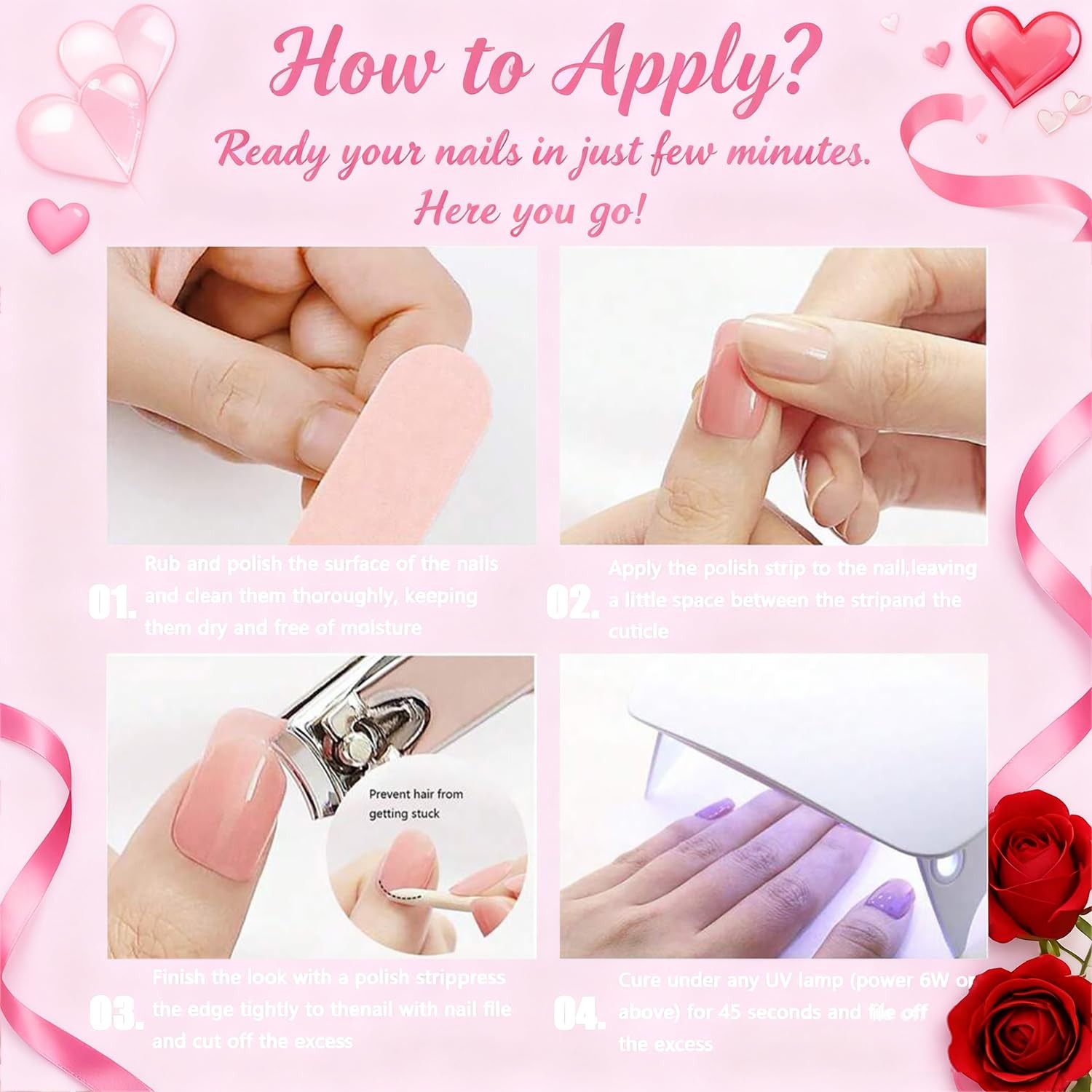 Heart Semi Cured Gel Nail Strips Valentines Gel Nail Stickers Full Nails Wrap…