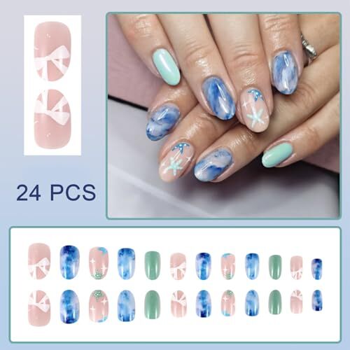 24Pcs Summer Ocean Press on Nails Almond Blue Fake Nails with Beach Waves beach