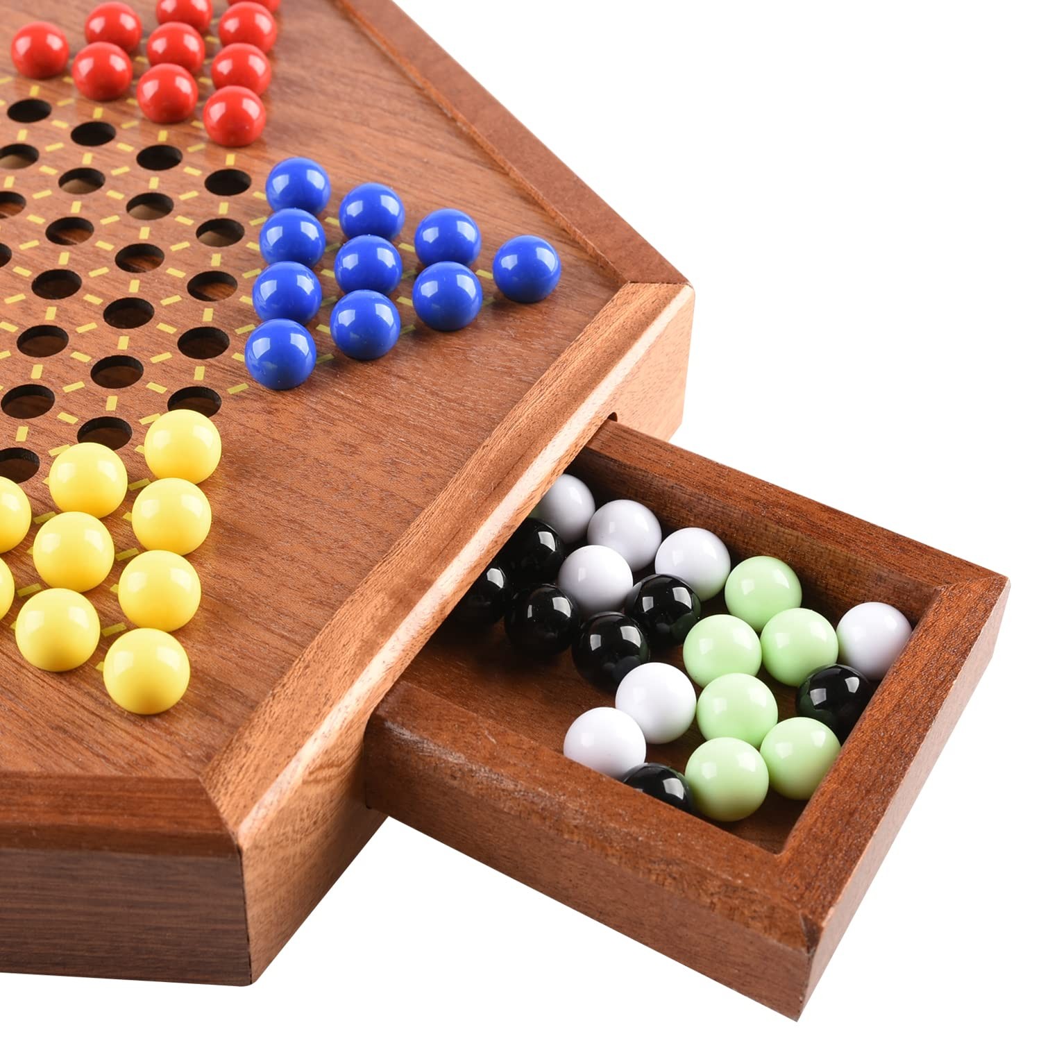 Wooden Chinese Checkers with Drawers 12 Bonus 12.7 x 11 x 1.6 inches, Brown