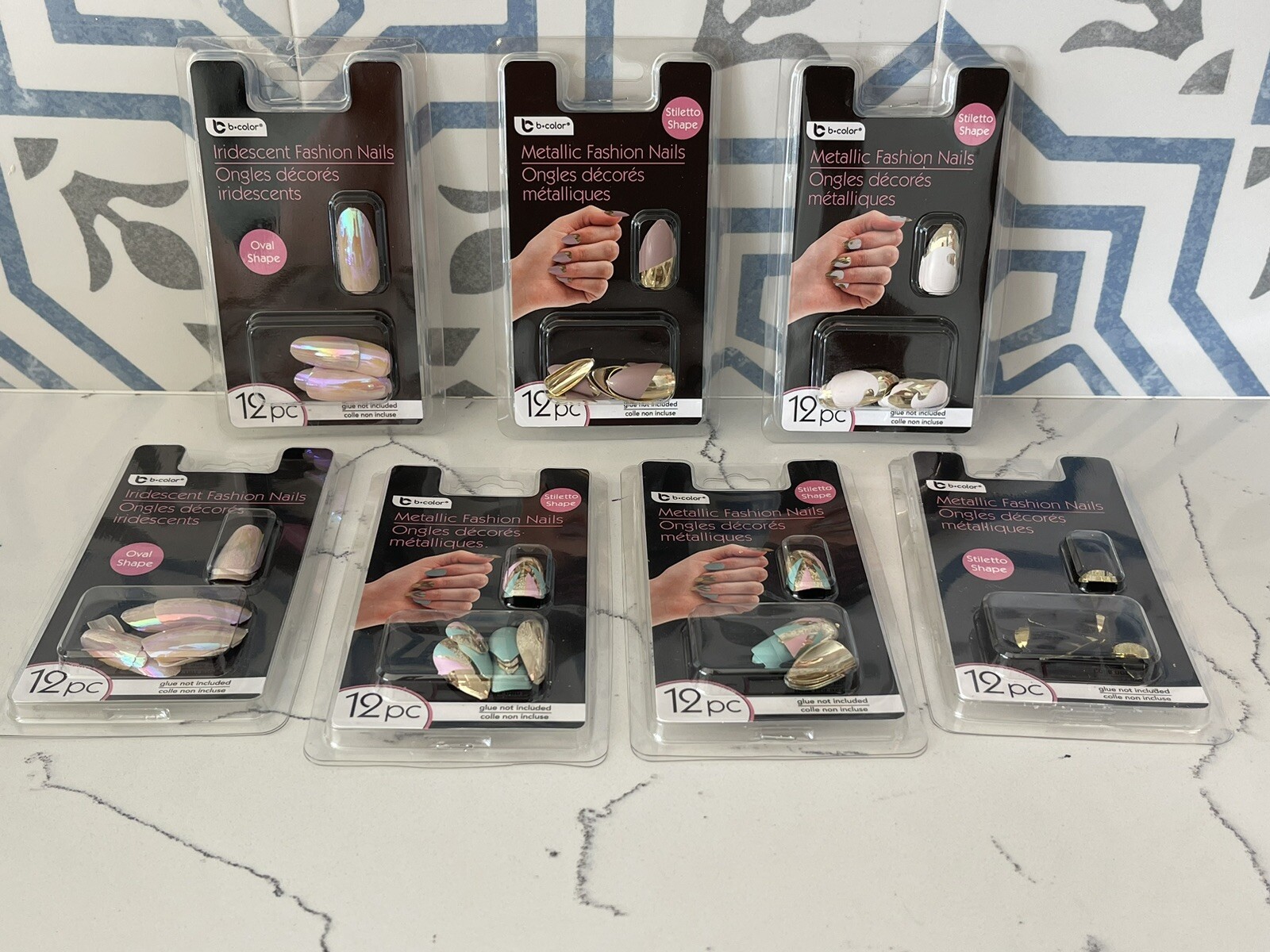 Metallic and Iridescent Fashion Nails Lot Of 7 Stiletto and Oval Shape New! 72pc