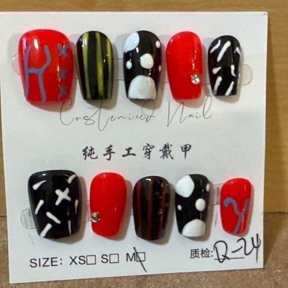 Press On Nails Red Black White Mixed Design Abstract Rhinestone Size M