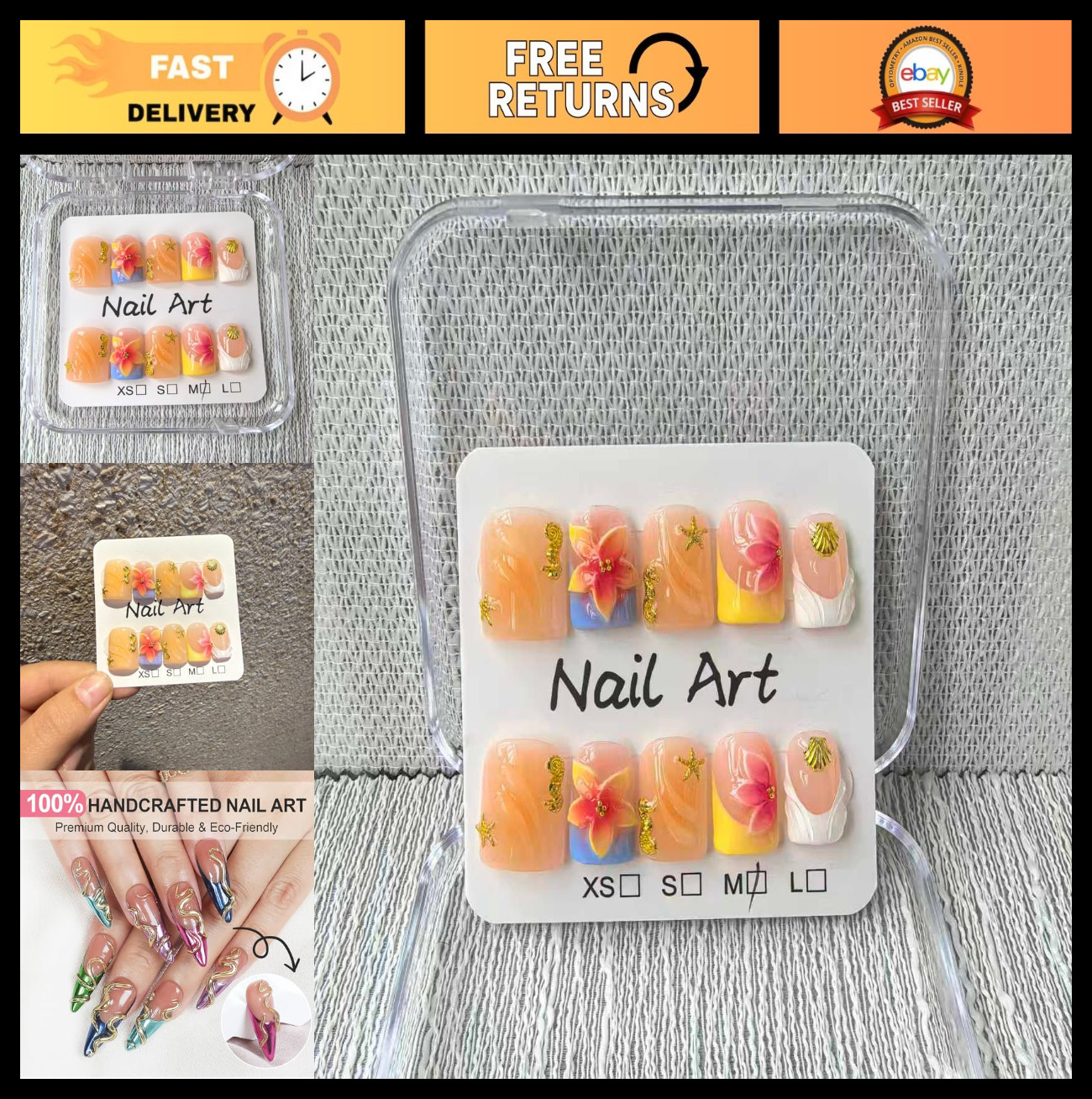 Short Blue French Tip Press-On Nails with 3D Flower Designs – 10pcs Acrylic Set