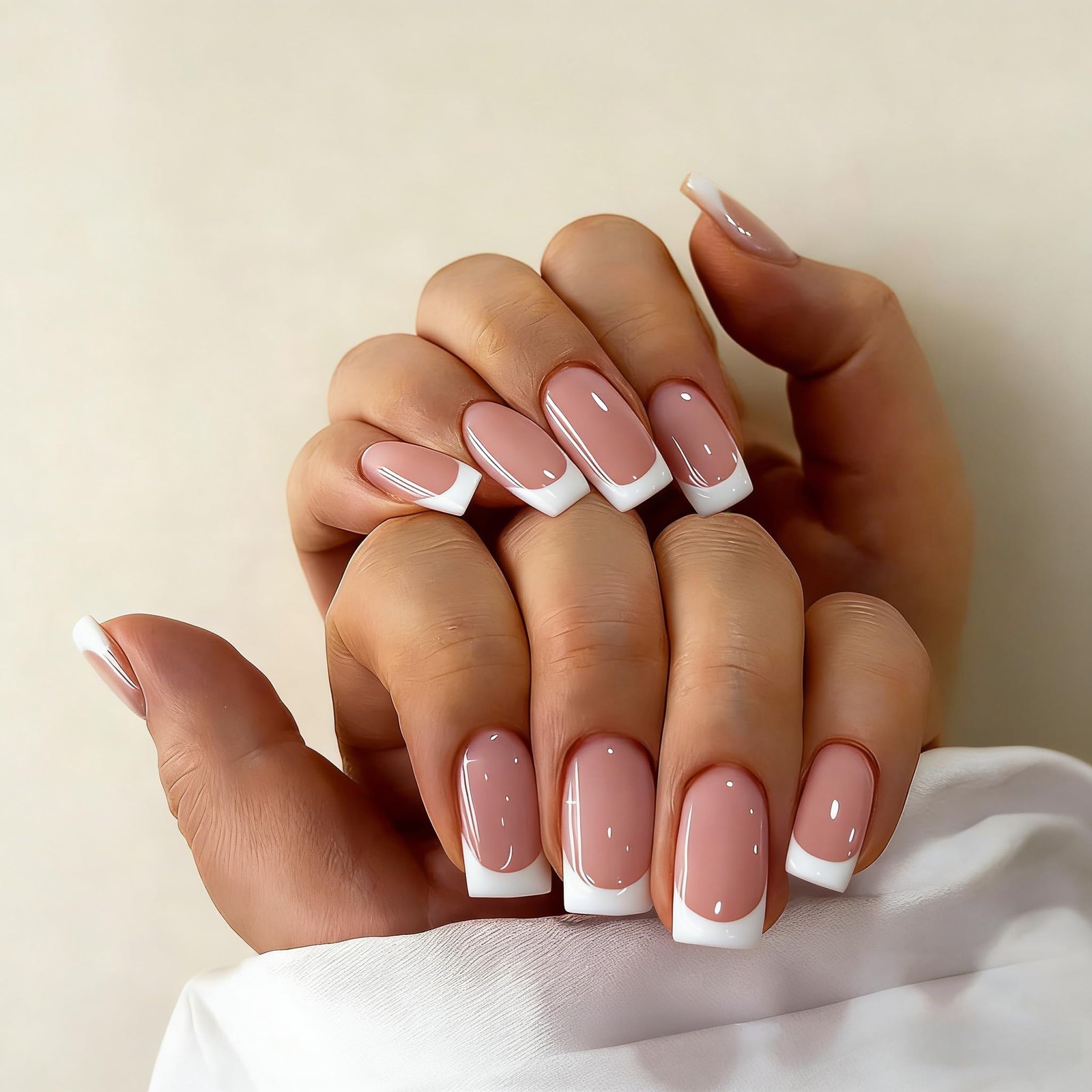 White French Tip Press On Nails Medium Square, Short Fake Nails, Glossy Coffi…