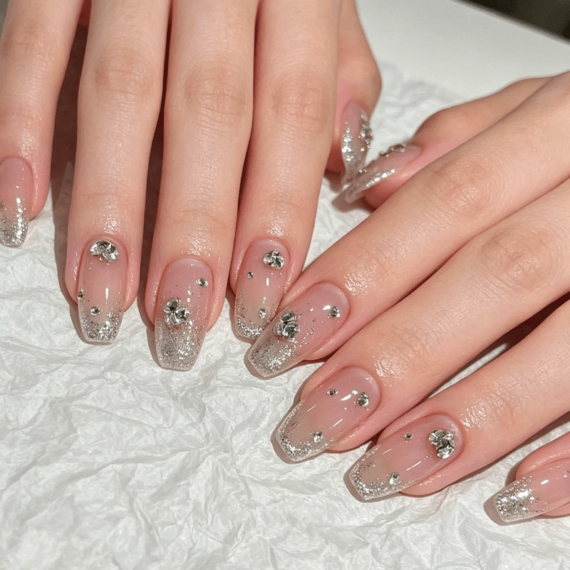 48pcs Short Square Press on Nails, Nude Silver Glitter Rhinestone Daily Nails
