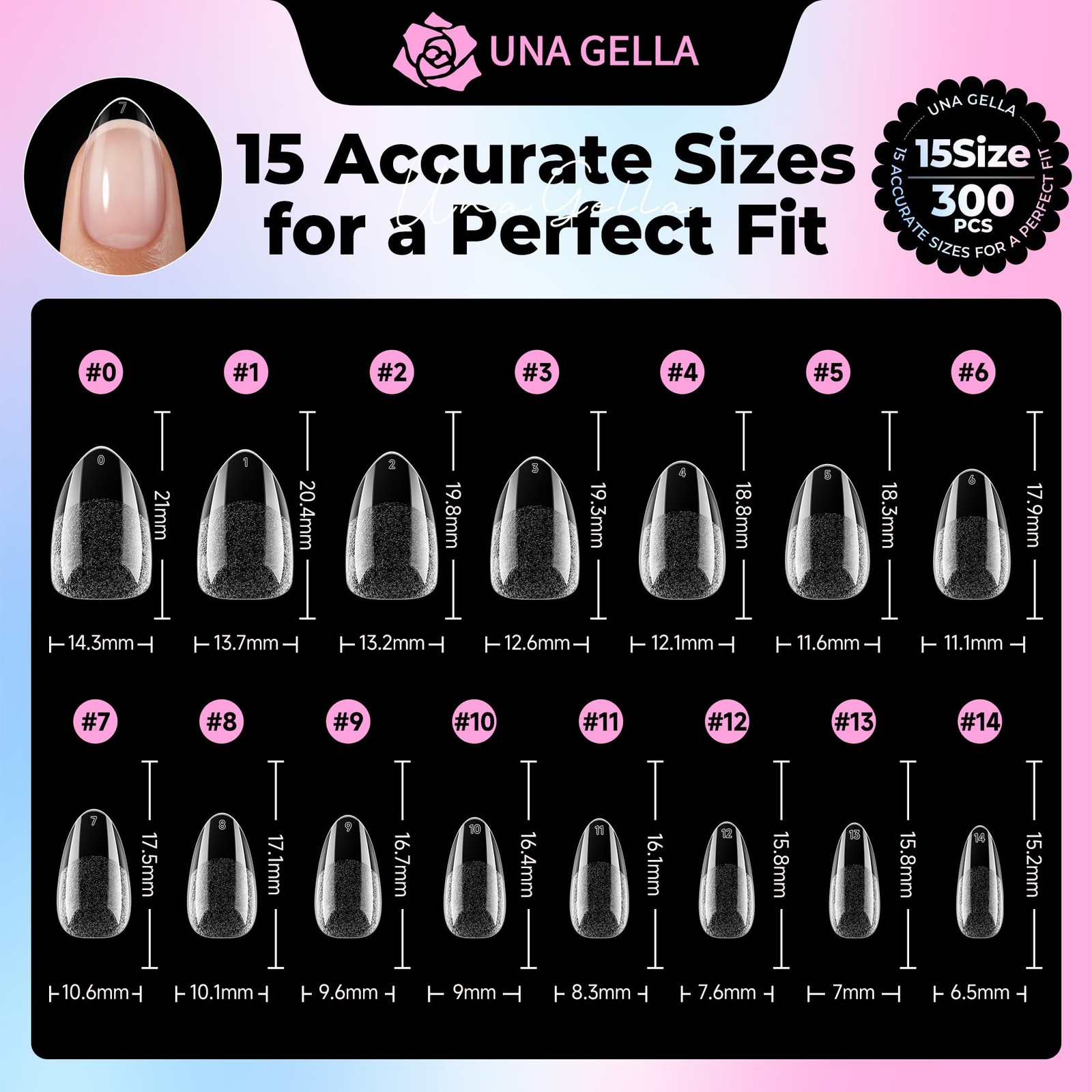 UNA GELLA Short Almond Gel Nail Tips 15 Sizes (15 sizes), Clear
