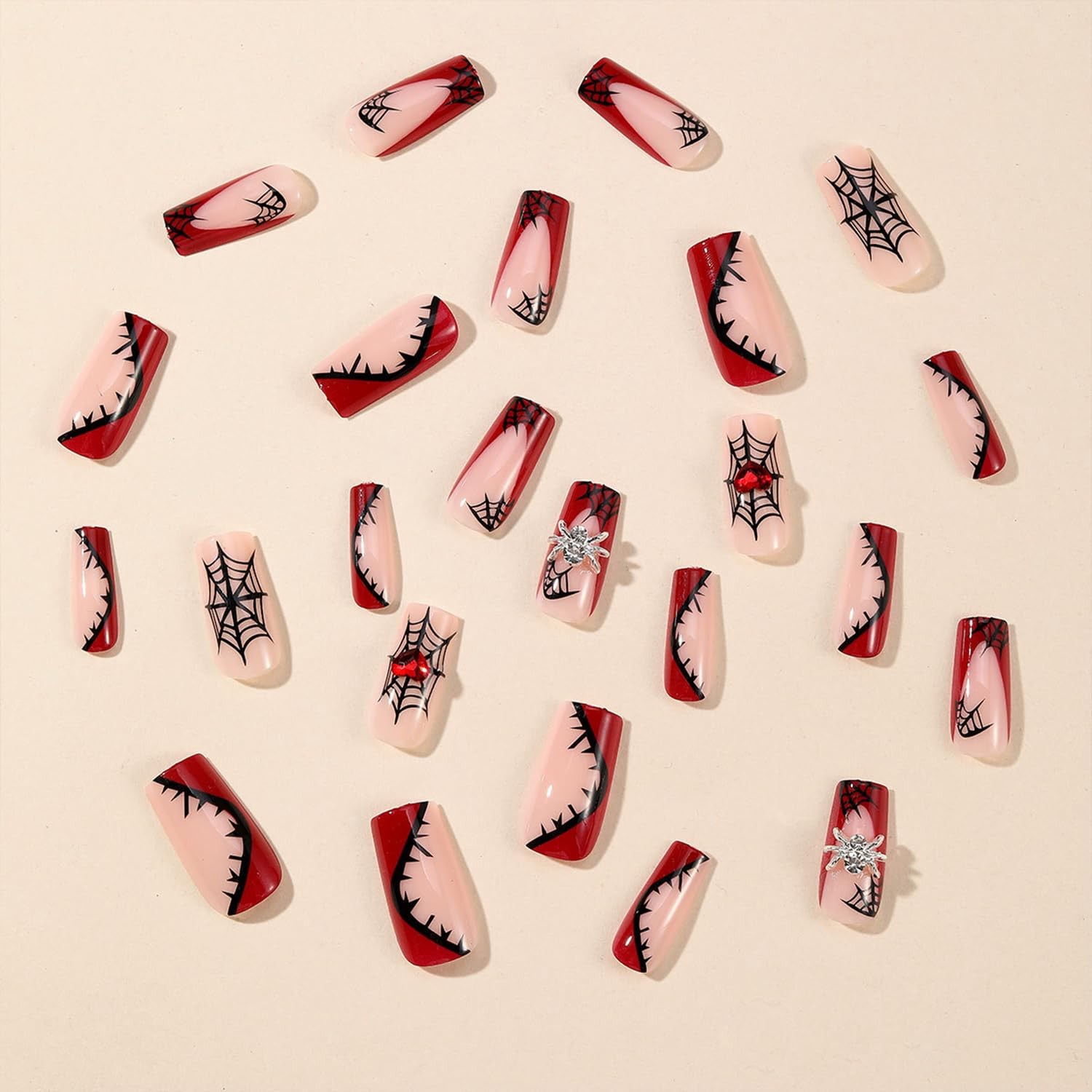 Halloween Press on Nails Square Medium Fake Nails With 3D Spider Heart Charms…
