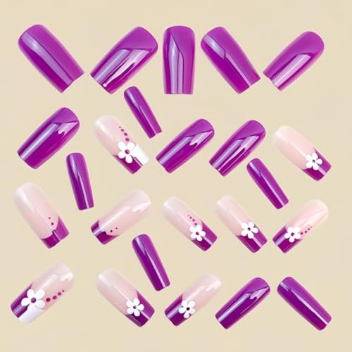 24Pcs Purple Press on Nails Medium Square French Fake Nails Press Design A12