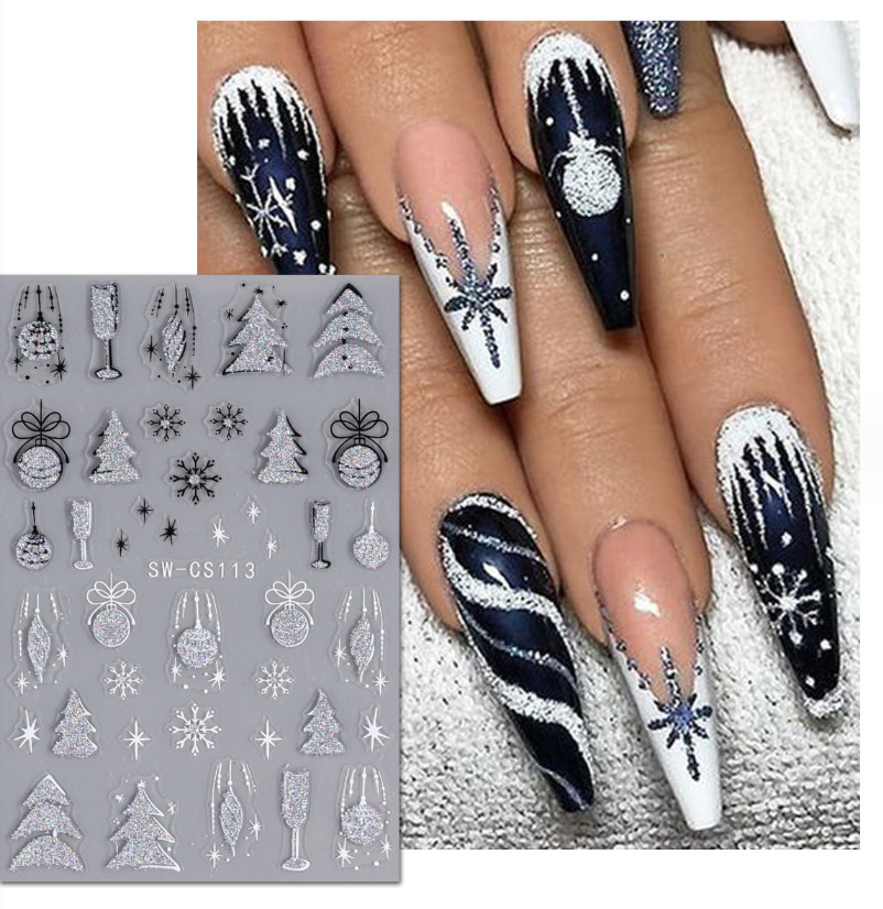 3D Glitter Christmas Snowflake French Feather Nail Art Sticker Manicure DIY NH22