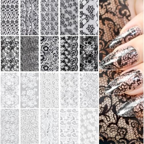 20 Sheets Nail Transfer Foil, Lace Nail Foil, Lace Nails Black, White (20×4cm)