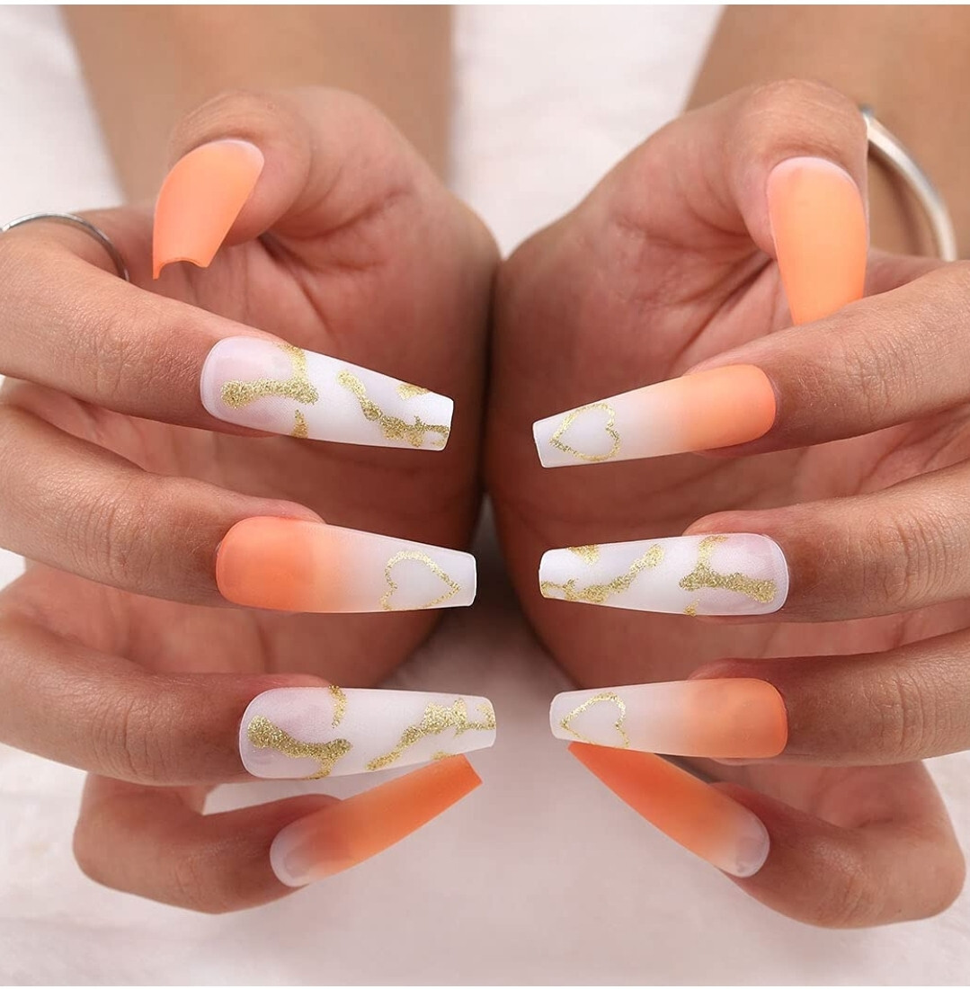 24 Press on nails Kit w Glue Frosted Peach gold heart clear white pink orange