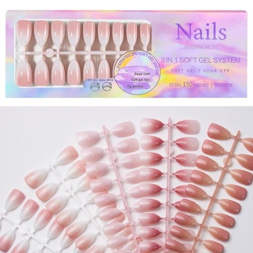 150Pcs Ombre Press on Nails Almond Fake Nails Nude Pink Gradient Medium Style 1