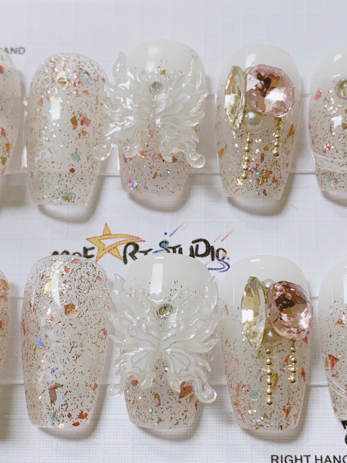 Nails Handmade press on nails 3D Butterfly Chain Square size M