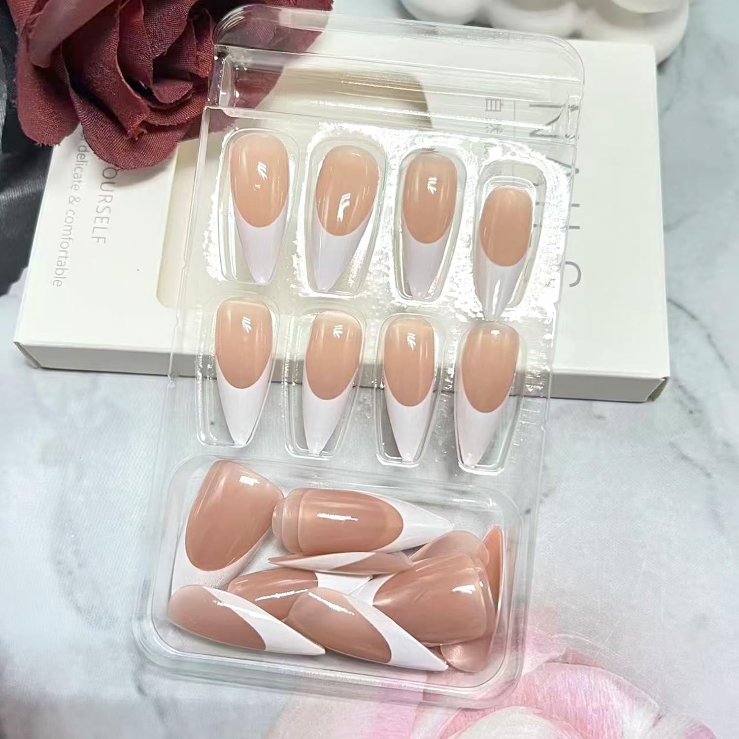 Extra Long Almond Press on Nails White French Tip Fake Multicolor