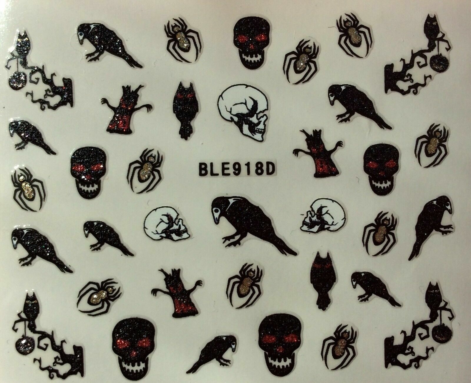 Nail Art 3D Glitter Decal Stickers Halloween Skull Crow Spider Owl BLE918D
