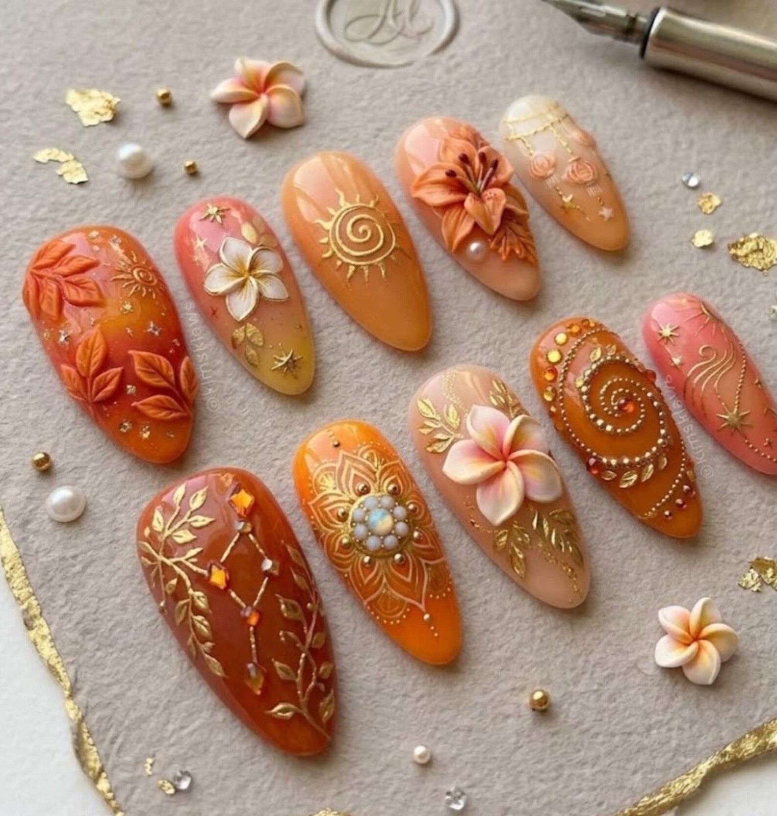 Handmade Autumn Orange 3D Flower Sun Leaf Lantern Medium Almond Press on Nails