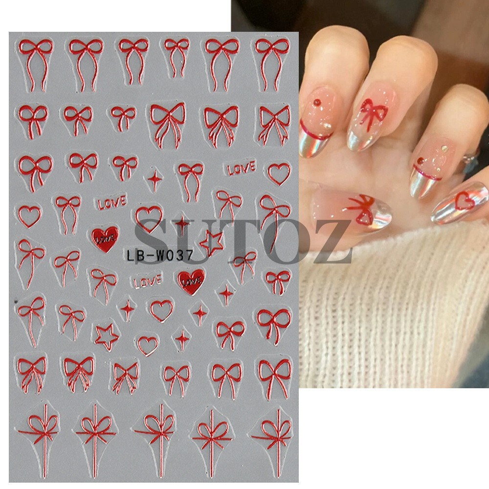 4Sheets Heart Bows Nail Art Stickers 3D Self-Adhesive Decals Bow Tie French NH28