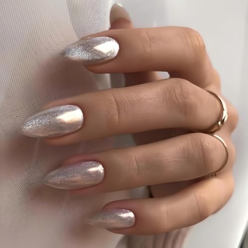 Cat Eye Press on Nails Almond, Glitter Chrome cateye almond chrome rainbow
