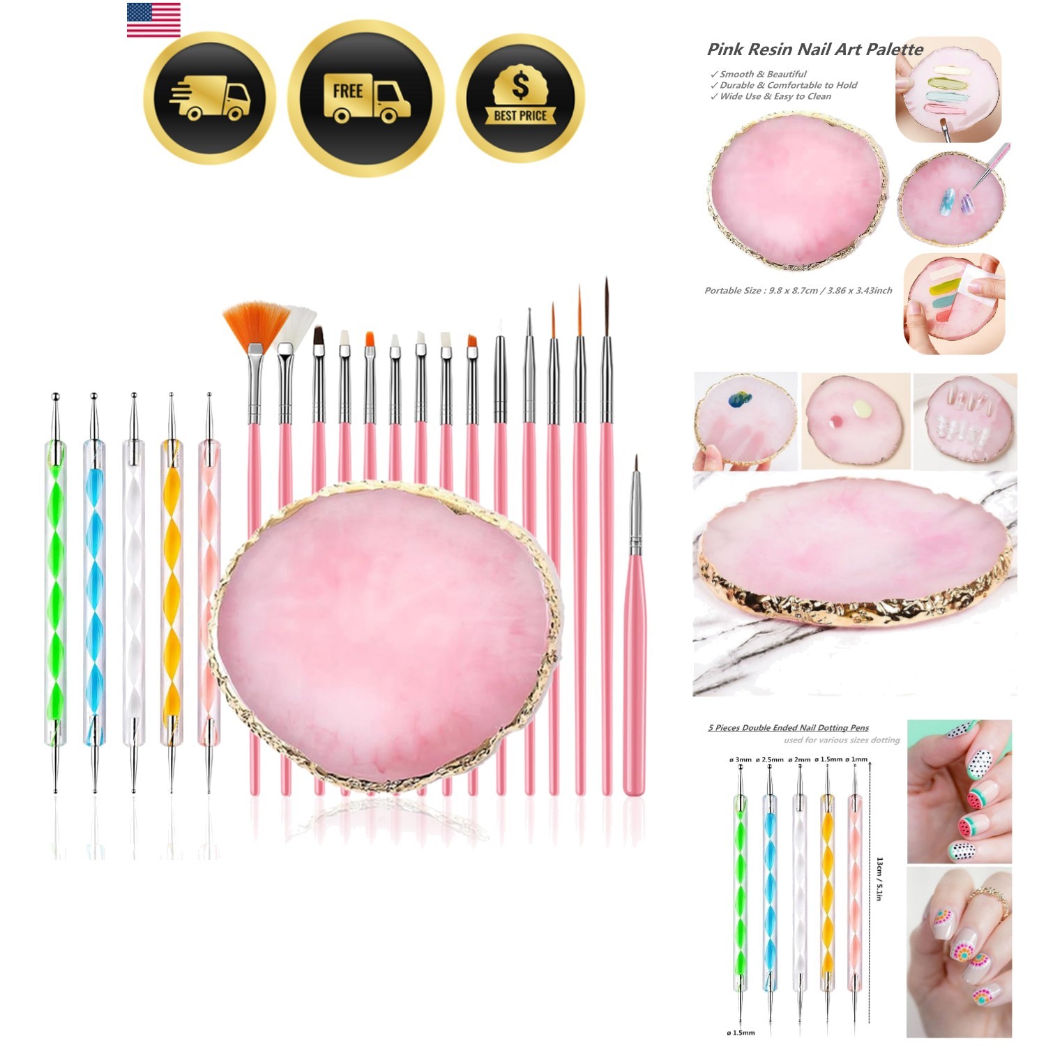 21Pcs Nail Art Brushes Set, 1 Resin Nail Art Palette, 5 Nail Art Dotting Pens…