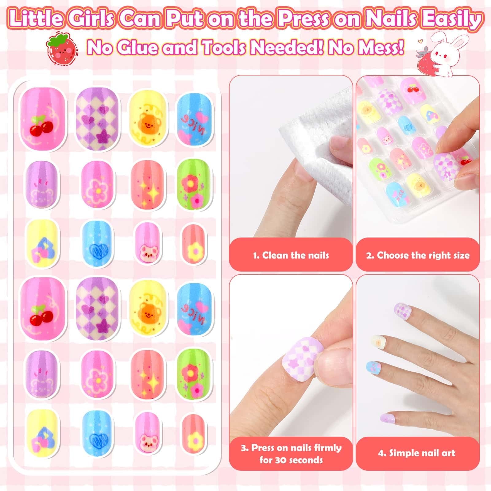 288 Pieces Kids Nails Press ons for Girls, Fake Nail Set Pre Glue Stick on Sh…