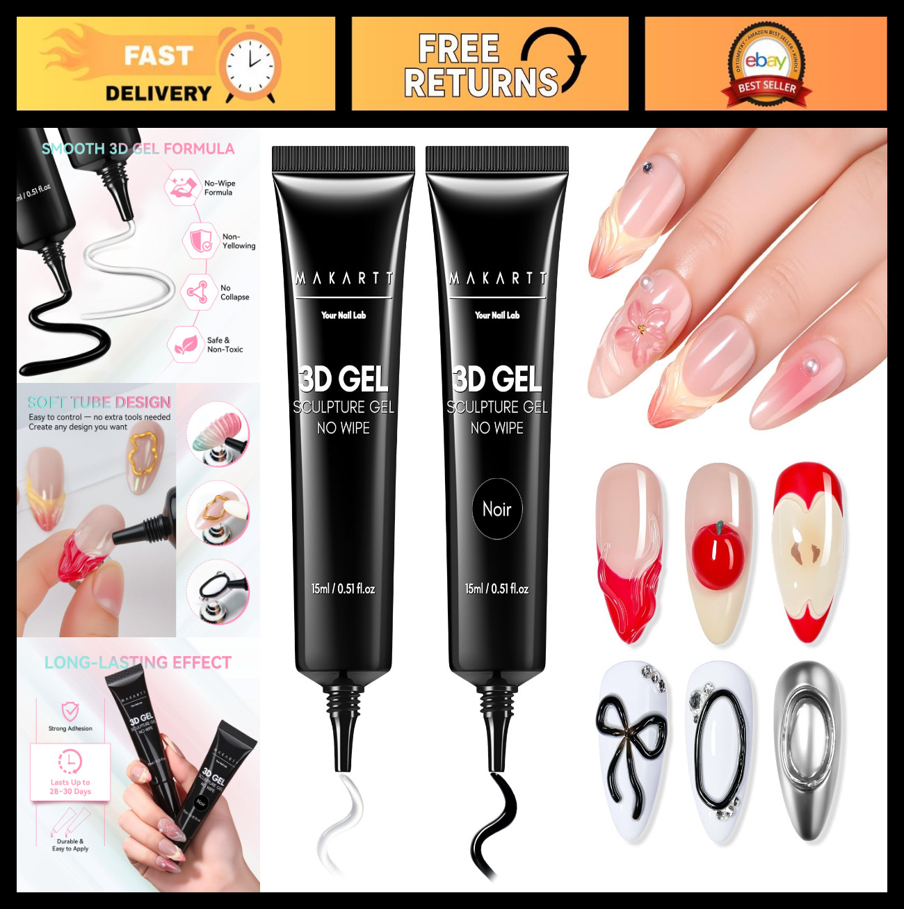 3D Nail Gel Set – 2 Pcs Clear & Black Sculpting Gel for DIY Nail Art, Rhinestone