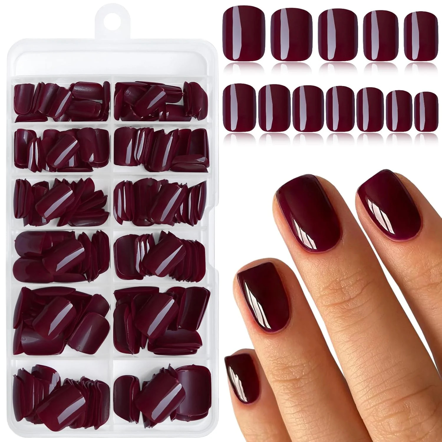 240pc Burgundy Press on Nails Short Square Fake Nails with Tabs, Short Acrylic N