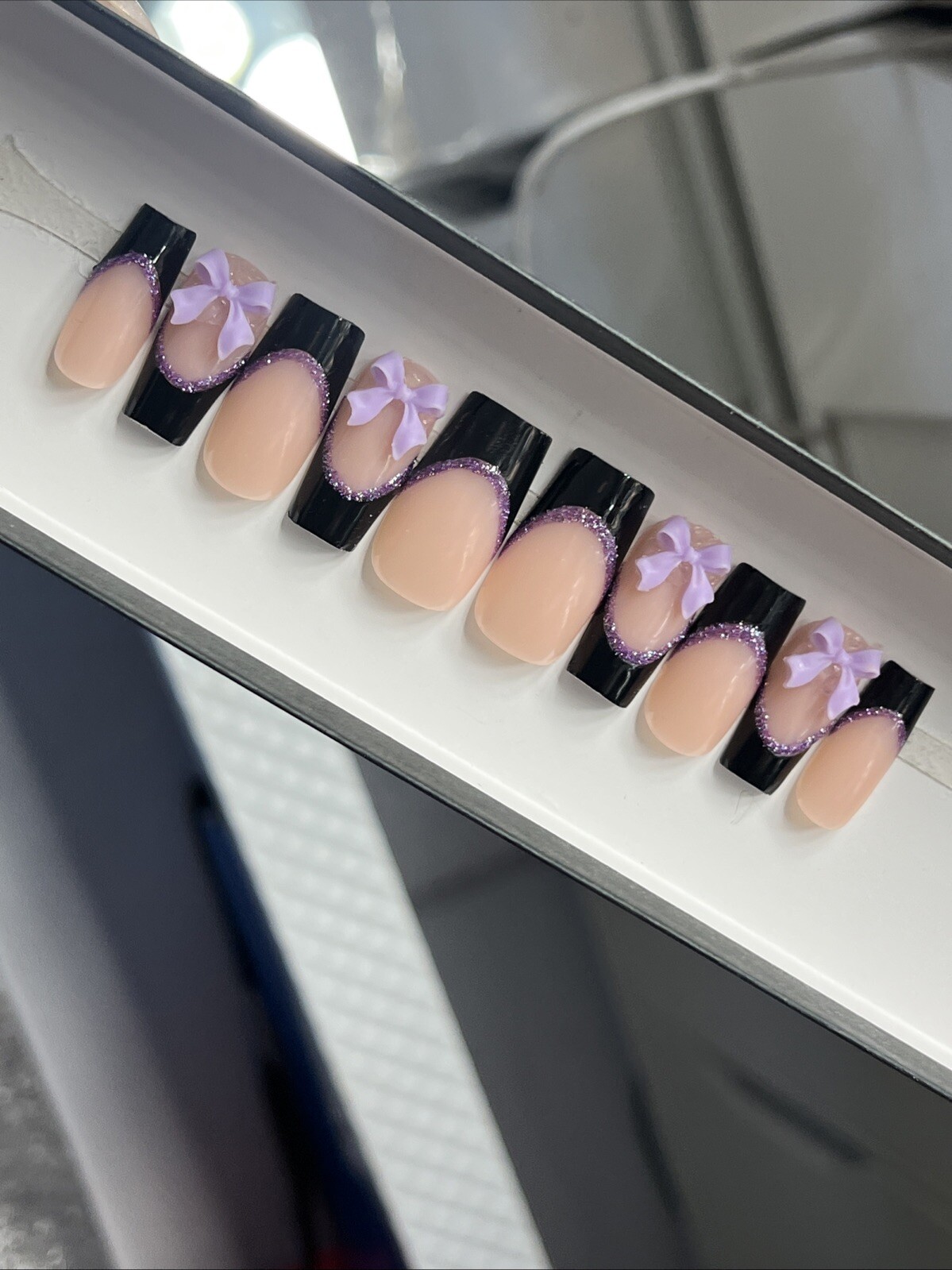 💜🖤 CUSTOM Press On Nails FRENCH BLACK PURPLE BOW BLING 10p SET W Kit