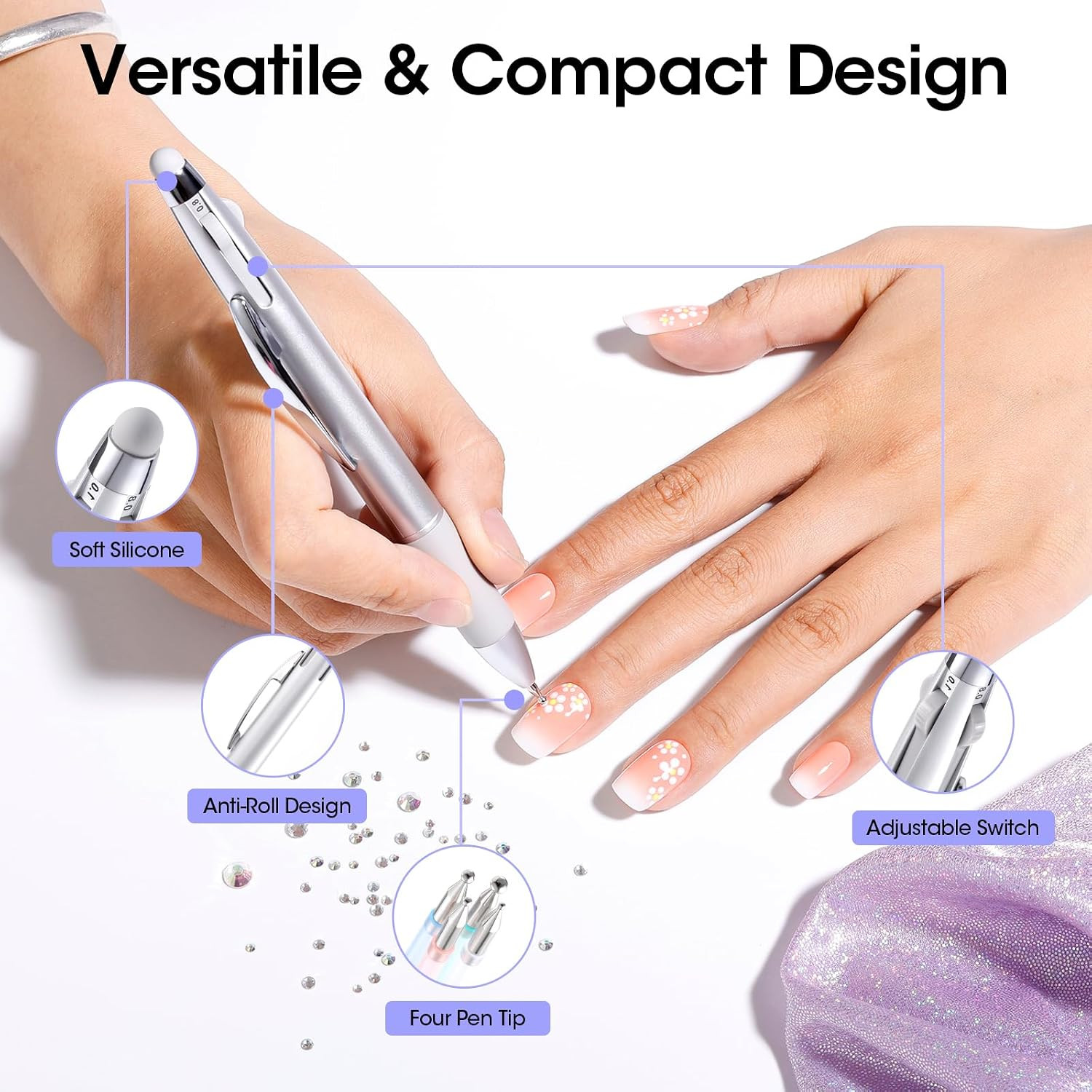 5-In-1 Nail Dotting Pen with Ballpoint Pen Design & Nail Rhinestones, Double-End