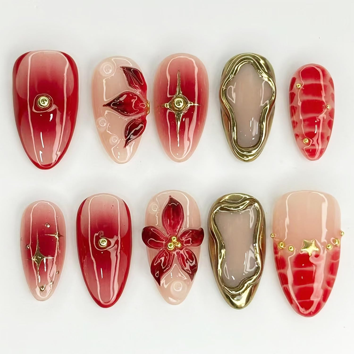 24 Pcs Red Flower Press on Nails Medium Almond Fake Nails with 3D Floral Gold Be