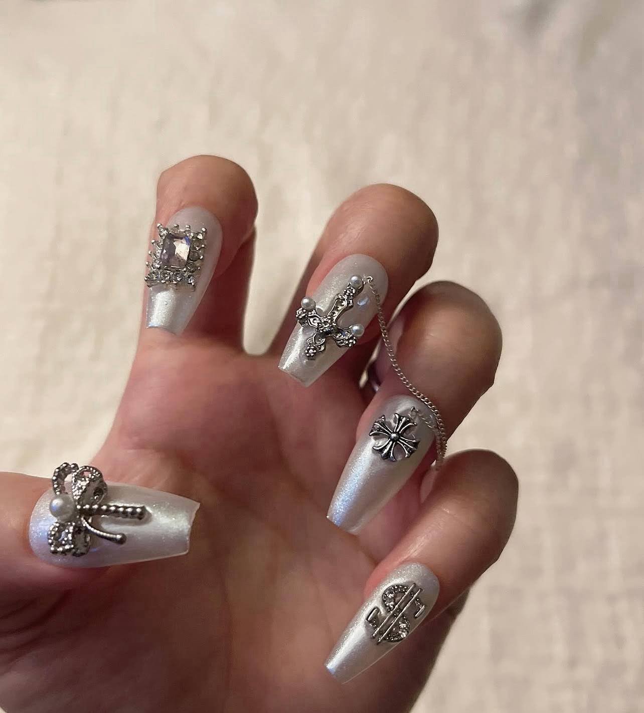 Press-On Nails Long Coffin White & Silver Shiny Rhinestone Full Cover Set