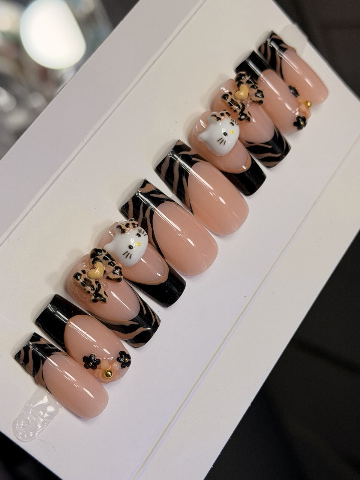 ✨ CUSTOM Press On Nails FRENCH BLACK HELLO KITTY BLING Flower 10p SET W Kit