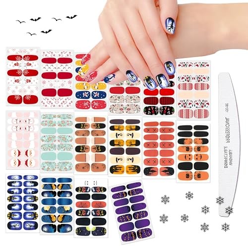 224 Pieces 16 Sheets Holiday Nail Full Wraps Set Holiday Nail Polish Strips-03