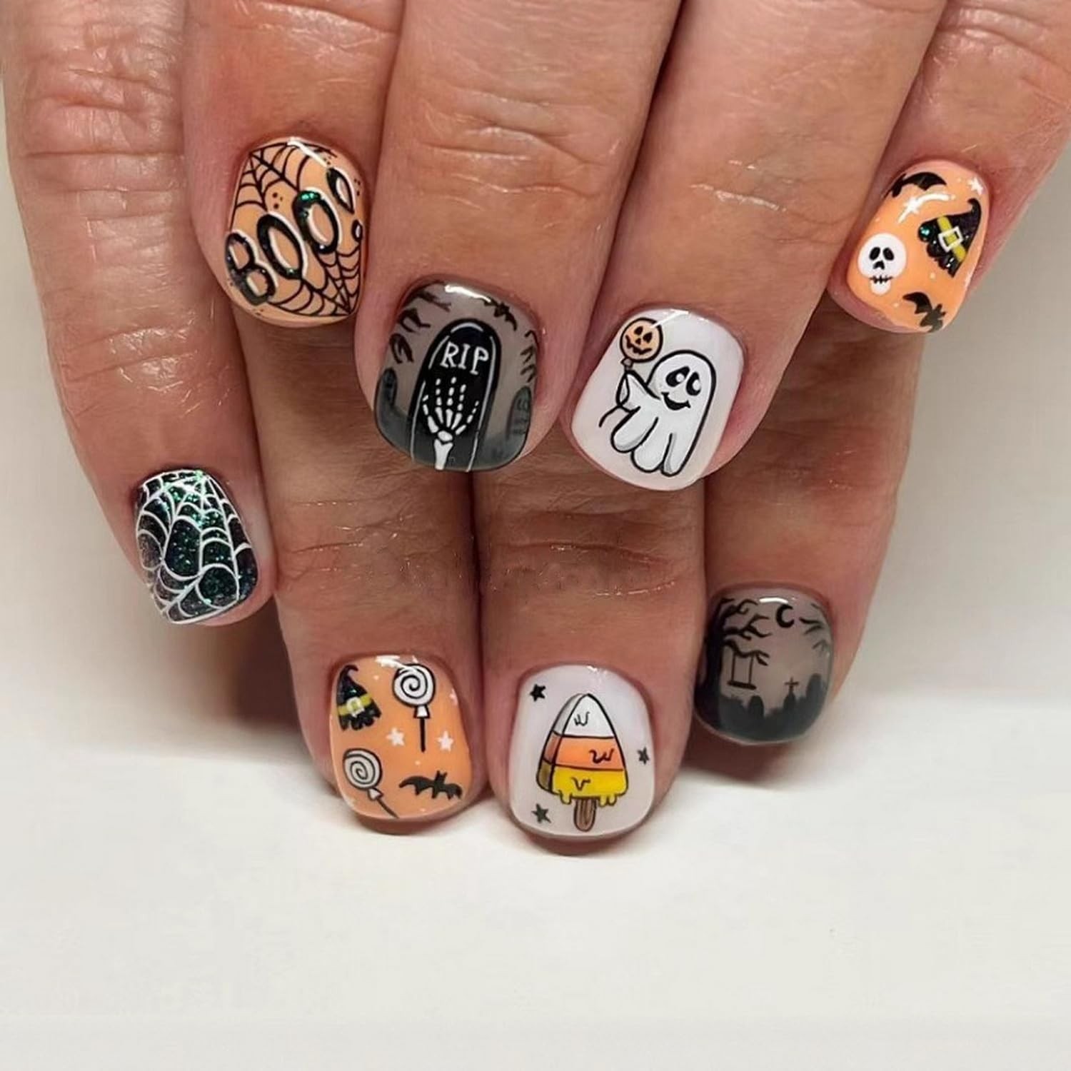 Halloween Press on Nails Orange Full Cover Spider Web Cute Little Ghost Pumpk…