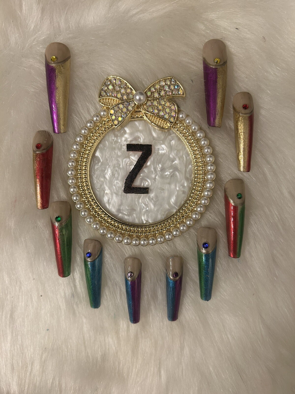 Z NAILZ! Gorgeous Set Of 2XL Metallic Rainbow Color Press On Nails With Stone