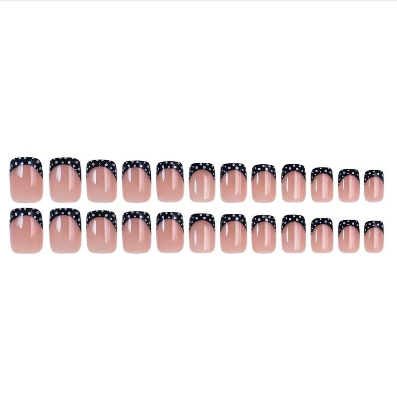 Black French Tip Press on Nails Short Square Fake Nails Polka Dots Style 2