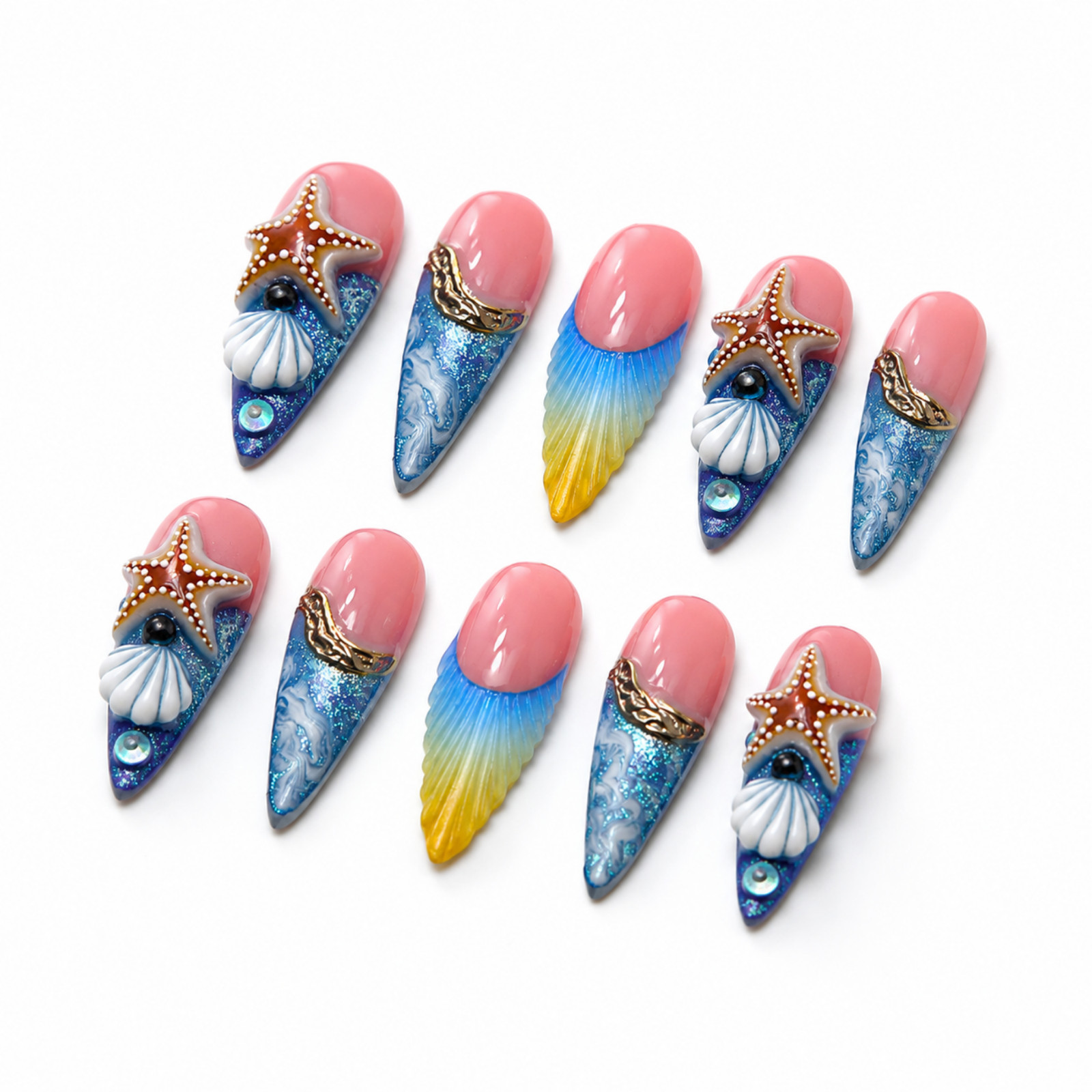 Handmade Beach Ocean Press-On Nails 3D Starfish Seashell Pink Blue Set