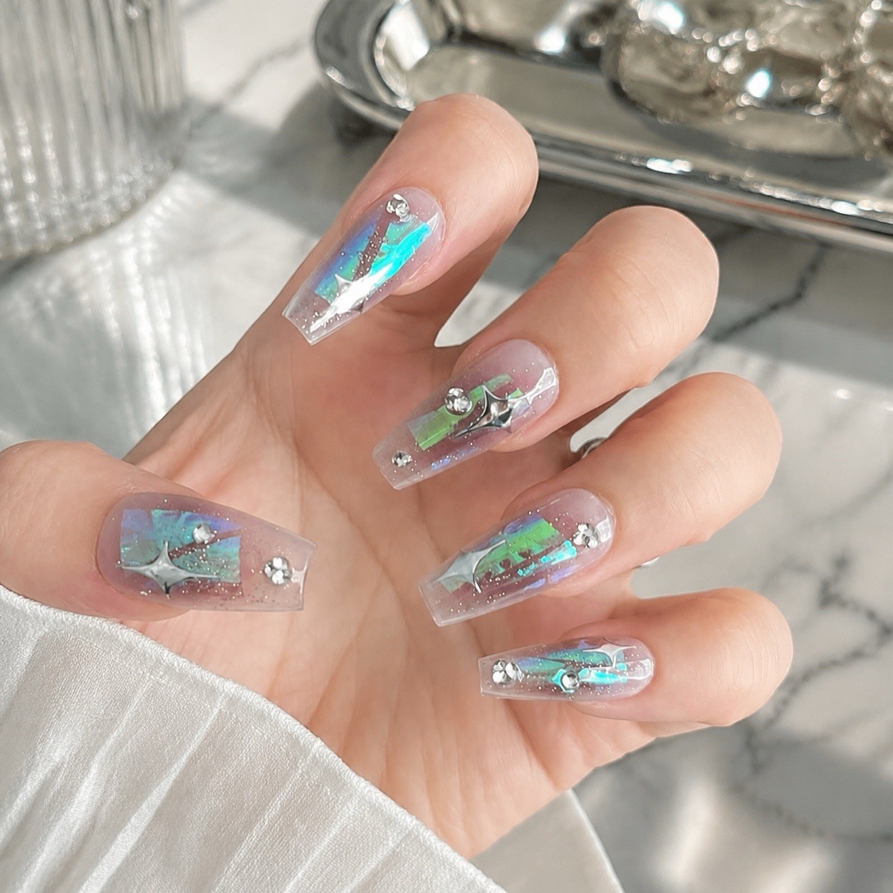 SooJoo Nails Press-On Nails Long Coffin Clear Silver Iridescent Glitter Star