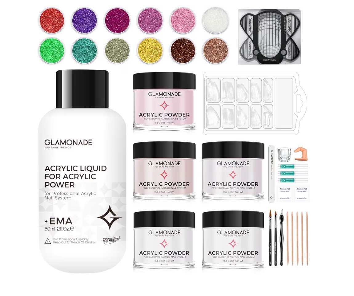Glamonade Acrylic Nail Kit For Beginners 5 Color Art Tool Pink White Purple Nude