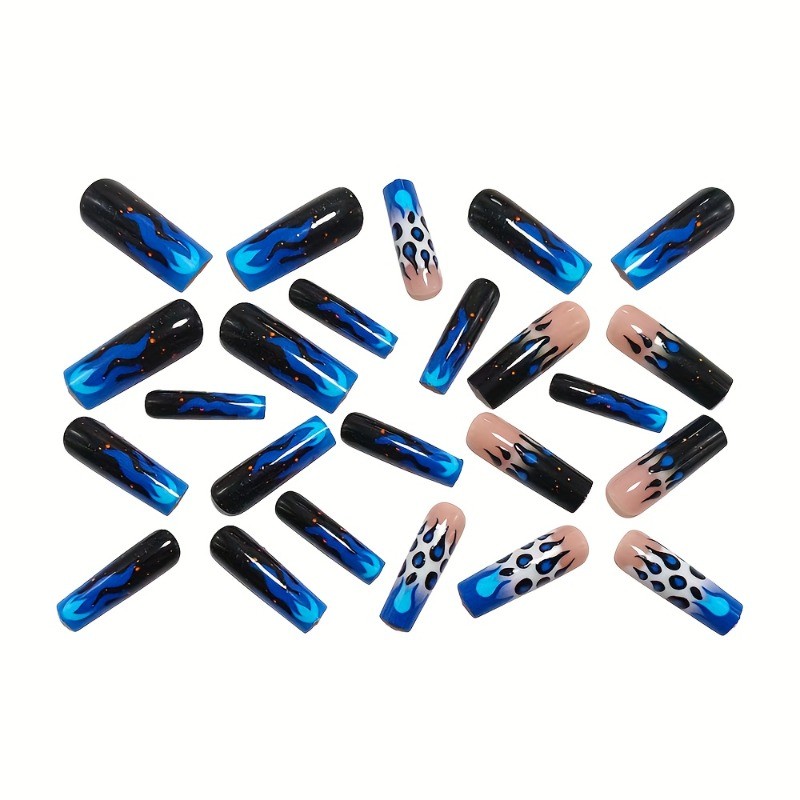 48Pcs-Neon Blue Flame Press on Nails Glossy Long Coffin Nail Art Set for Women