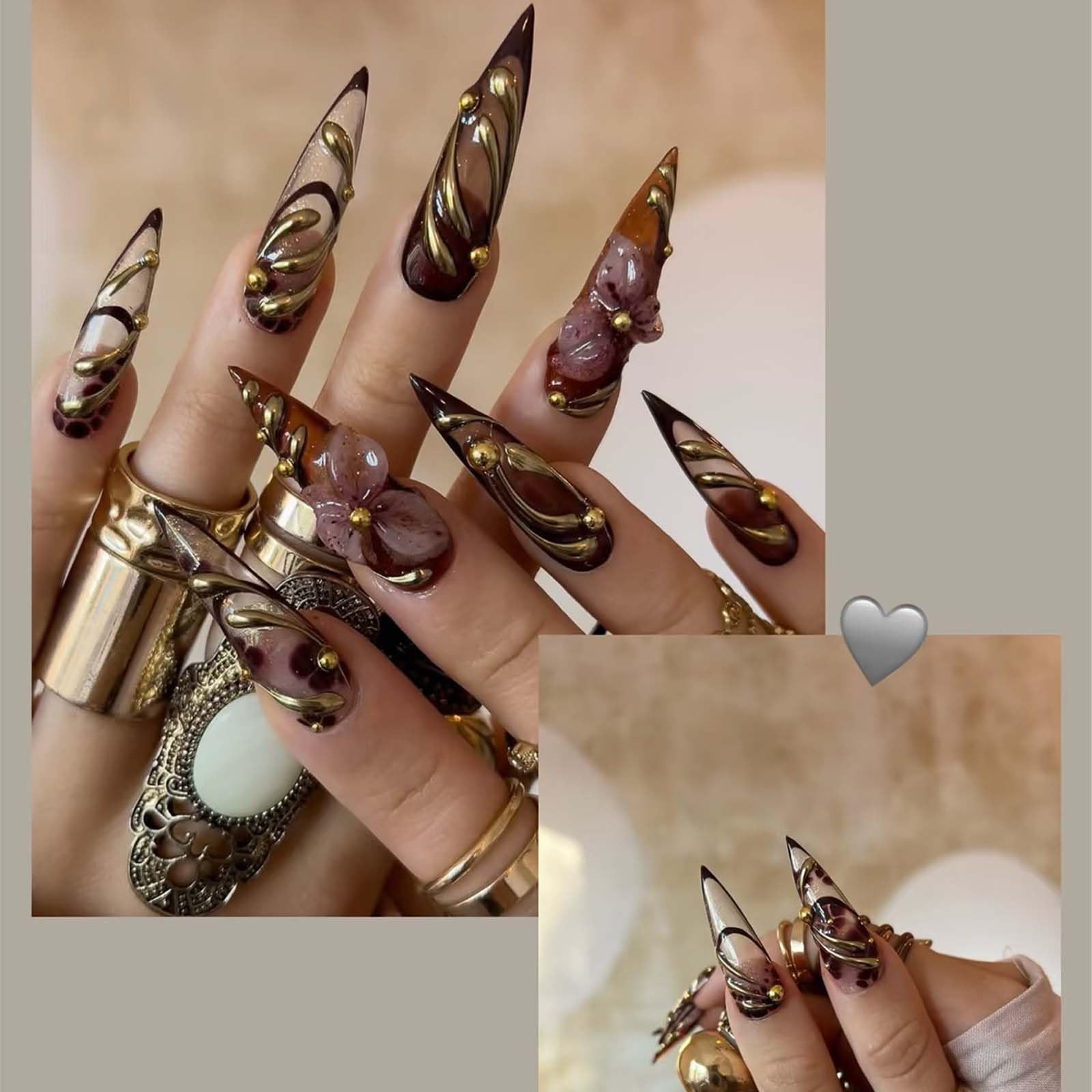 24Pcs Claret Flower Press on Nails Long Medium Almond Fake Nails with 3D Gold…