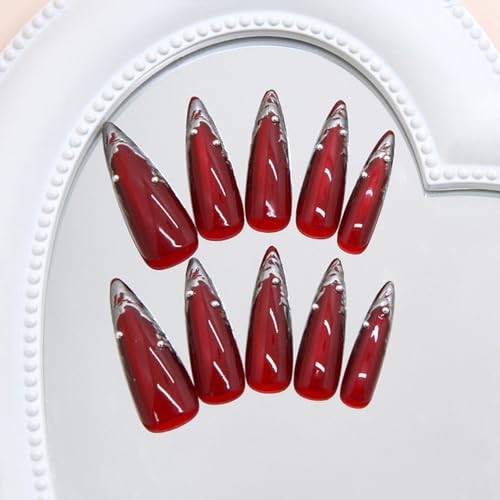 24Pcs Wine Red Press on Nails Long Pointed Wine Red Irregular Silver Style 22