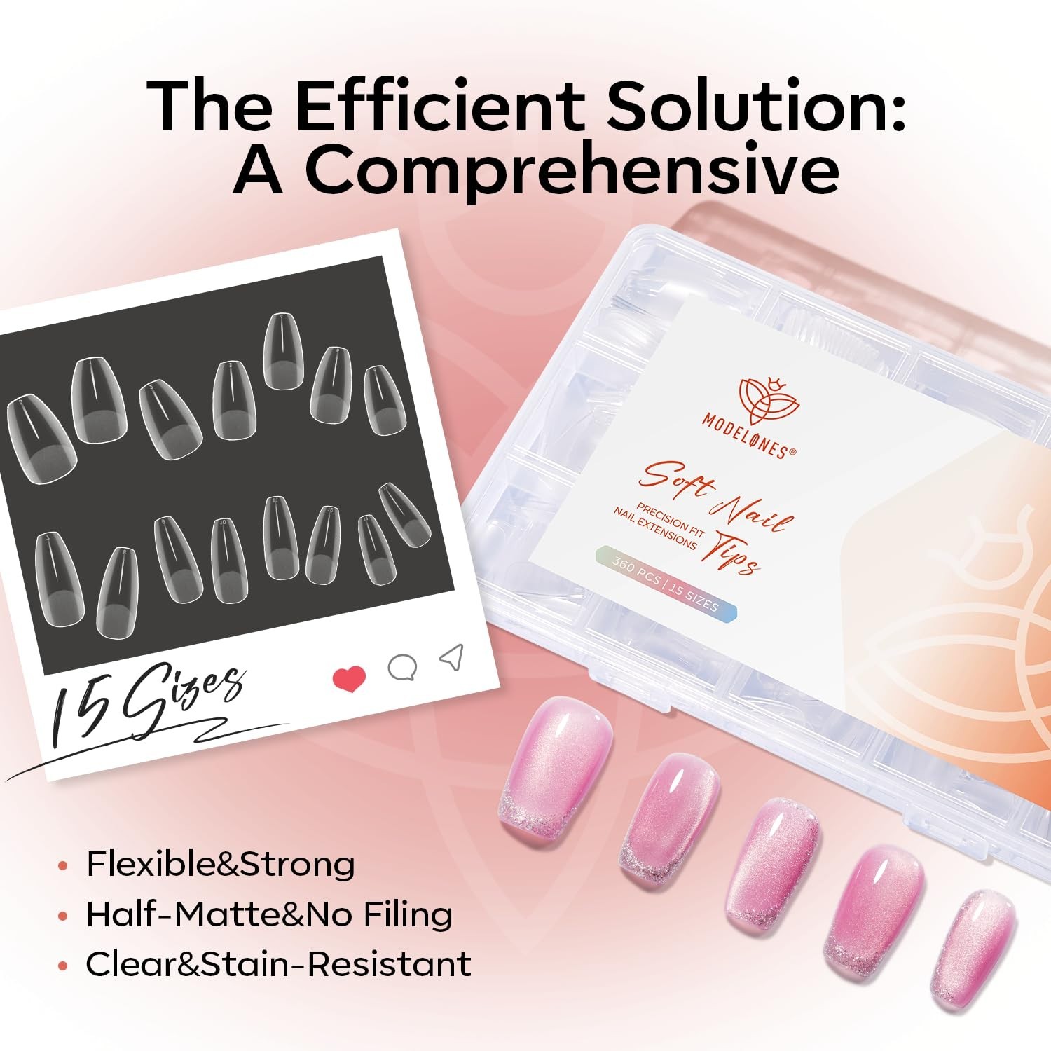 Beetles Gel Nail Tips Short Coffin Pre-Etched Nail Tips, 15 Sizes 360 Pcs Full C