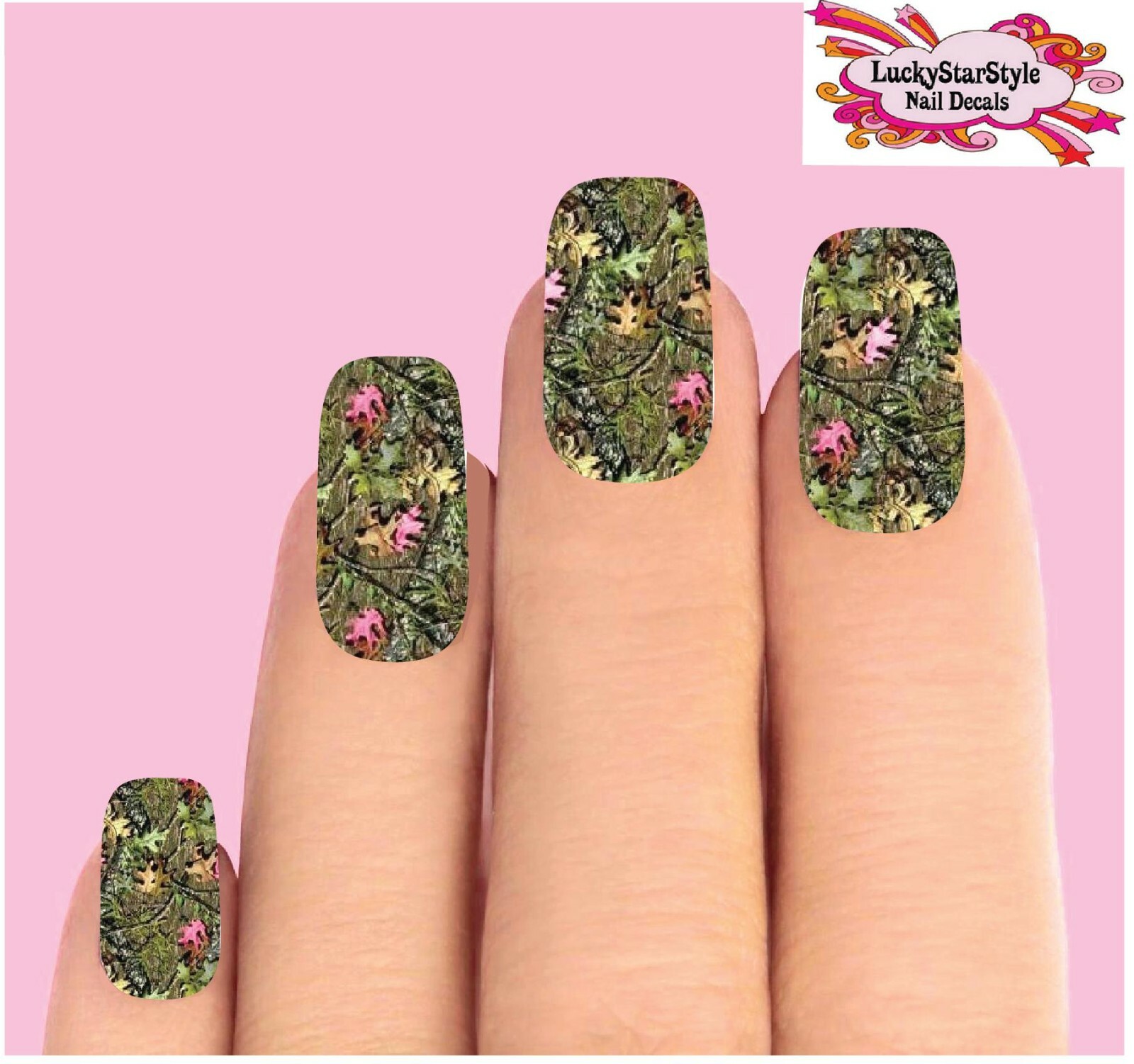 Waterslide Full Nail Decals Set of 10 – Mossy Oak Realtree Green Pink Leaves