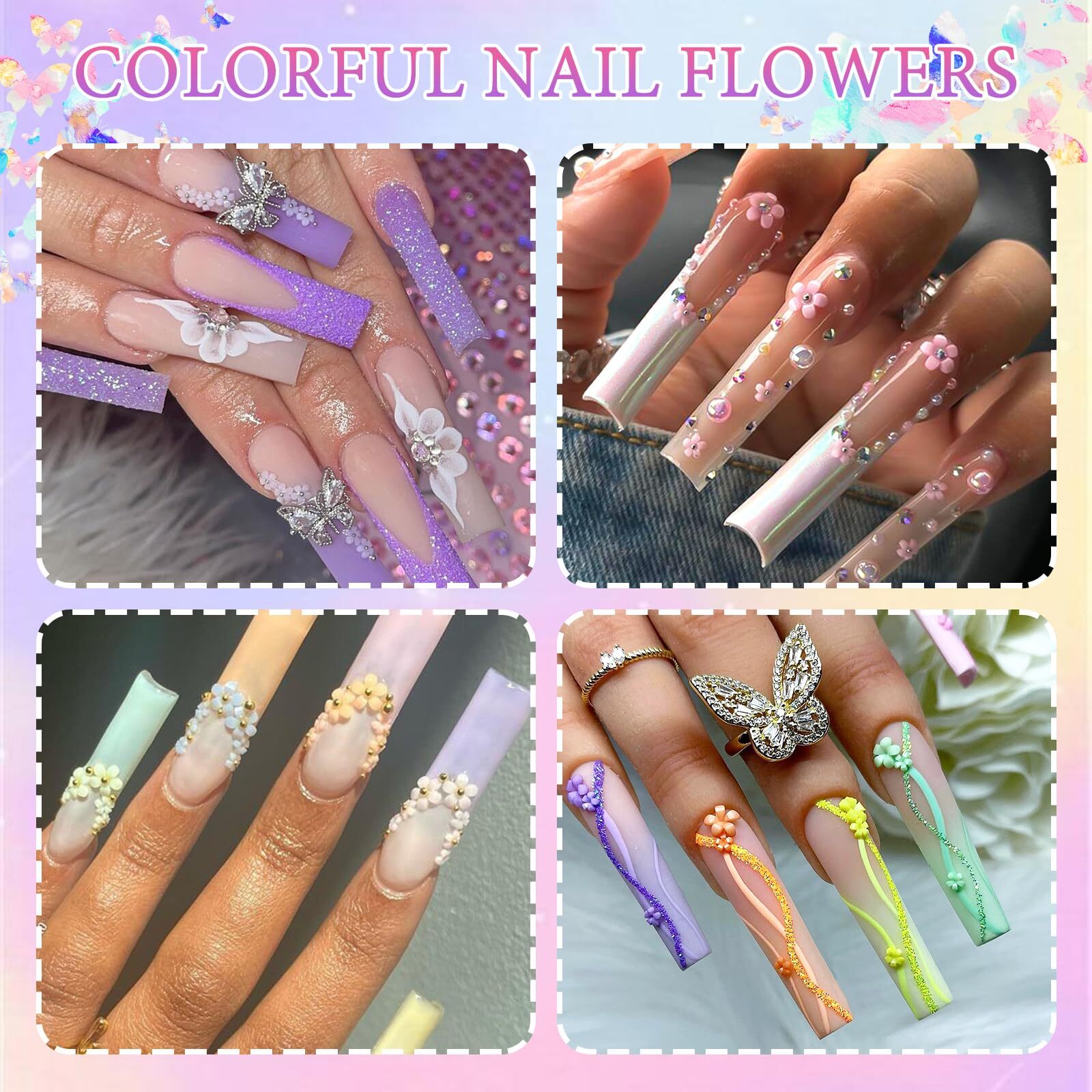 Flower Nail Charms Colorful 3D Flowers for Nails Metal Butterfly Nail Art Charms