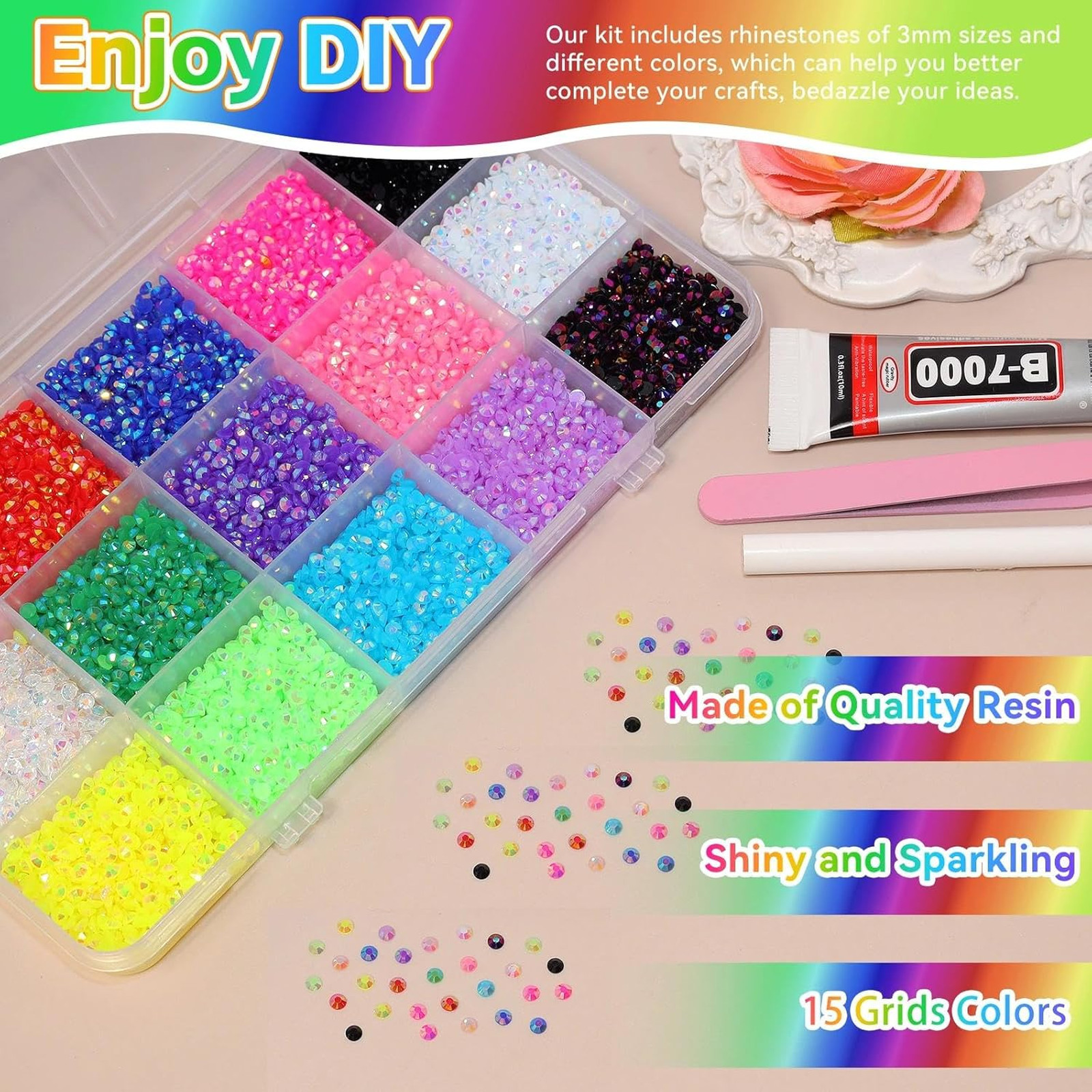 15000 Pcs Color Rhinestones for Bedazzling Kit 3mm Flatback Resin Gems for