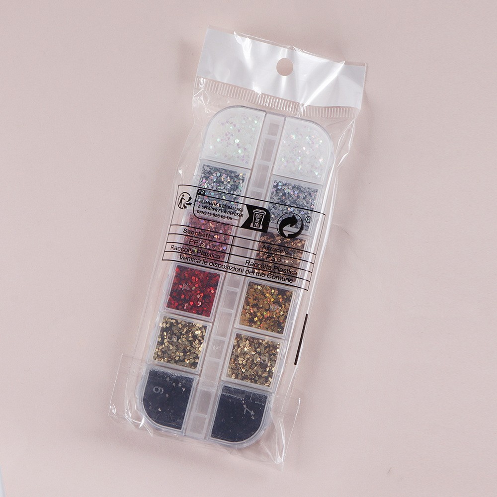 12 Grids Nail Art Sequins 1 mm Glitter Flakes Nails ~ Star Love Heart Shape