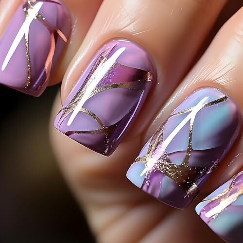 Blue Press on Nails Short Square Fake Nails Ombre False Nails Purple Gradient