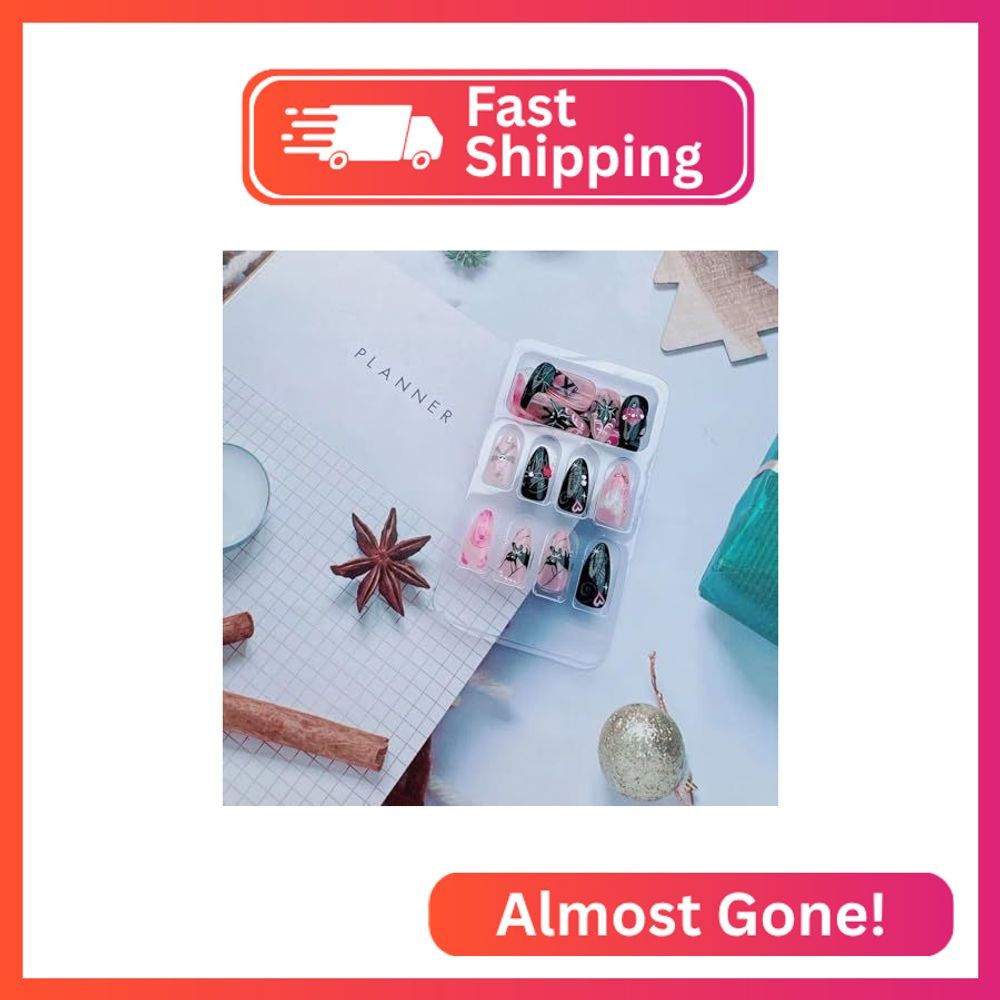24Pcs Almond Handmade Press on Nails with Charms Full Cover Bat Spider Bow Heart