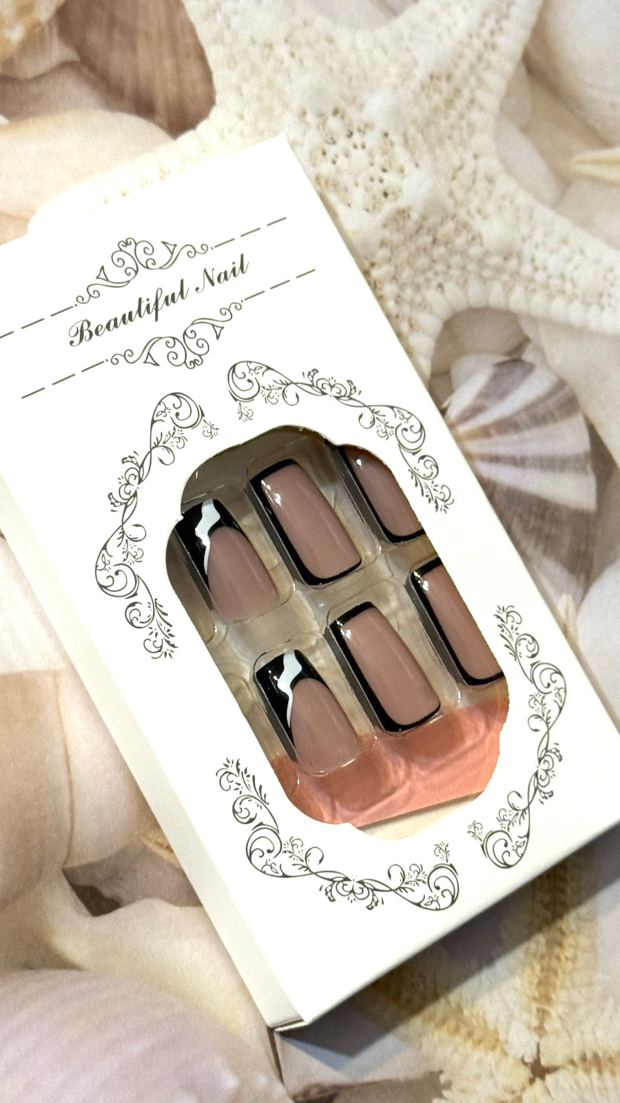 Beautiful Nail NUDE BLACK OUTLINE & BLACK FRENCH with WHITE SWIRL Press On Mani
