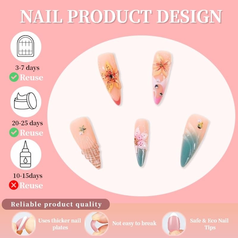 24Pcs Long Press on Nails Almond French Tip Fake 2.5*2.5*0.3, Multicolor